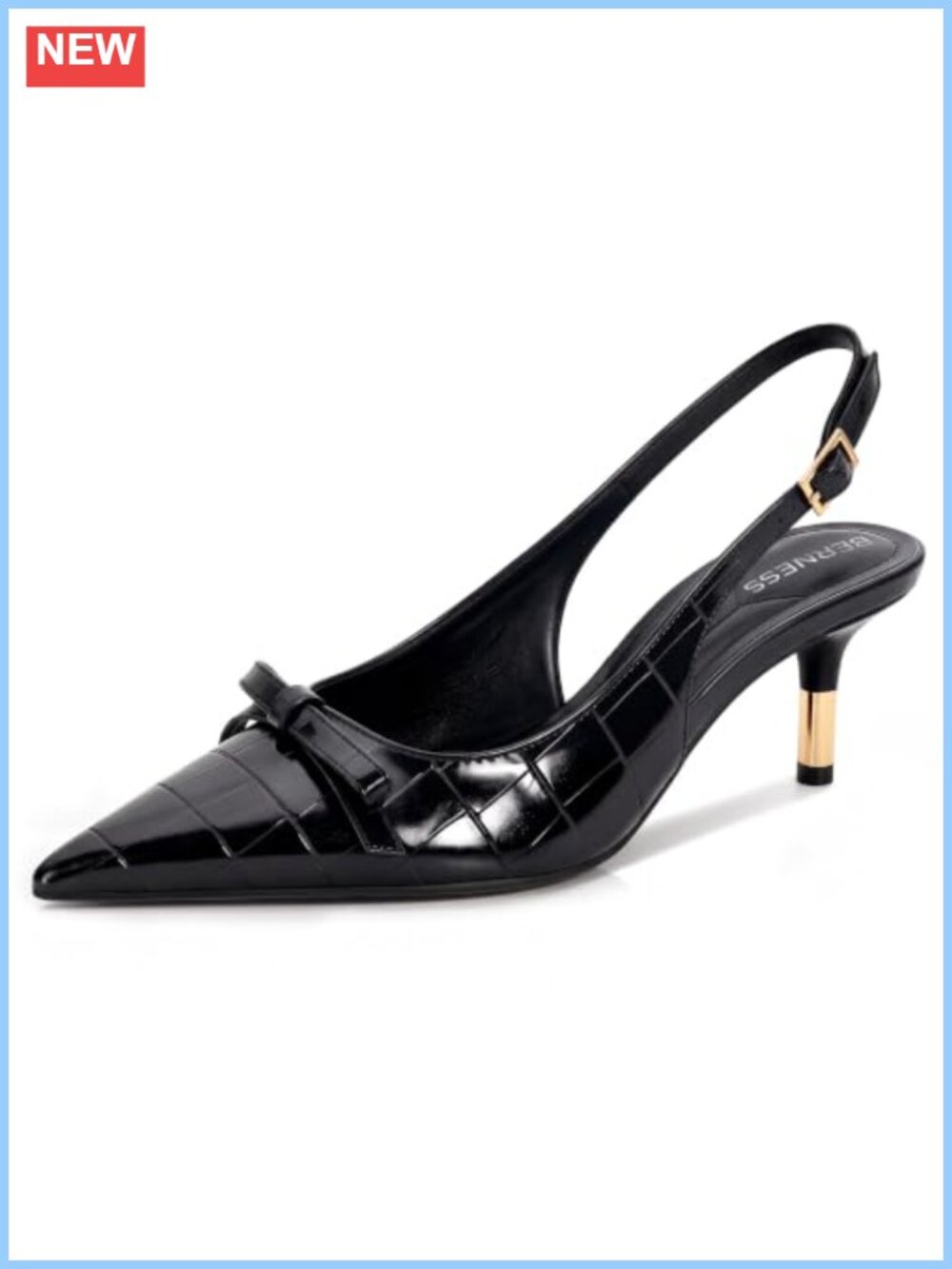 Slingback Heels Pointed Toe Bow Pumps Croc Embossed PU Kitten Heel